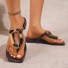 Fashion Gold Metal Buckle Thick Heels Sandals Wome 2025 Summer Clip Toe Low Heel Slippers Woman Plus Size Square Toe Sandles Female