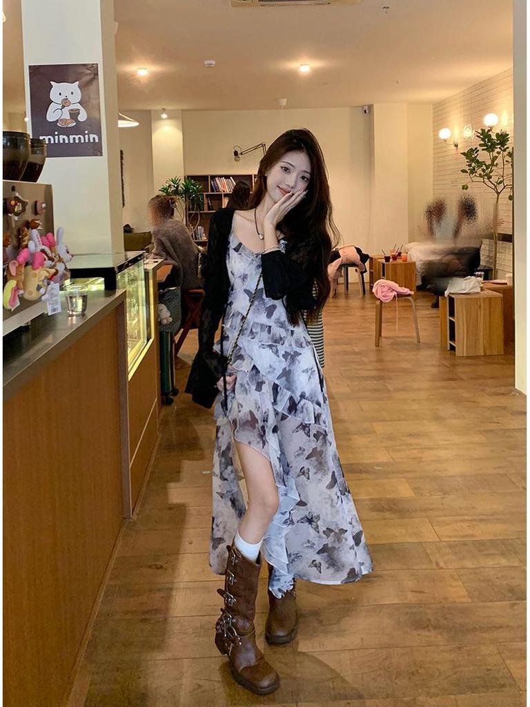 Retro French Floral Maxi Dress – Slim Waist & Irregular Hem for Women