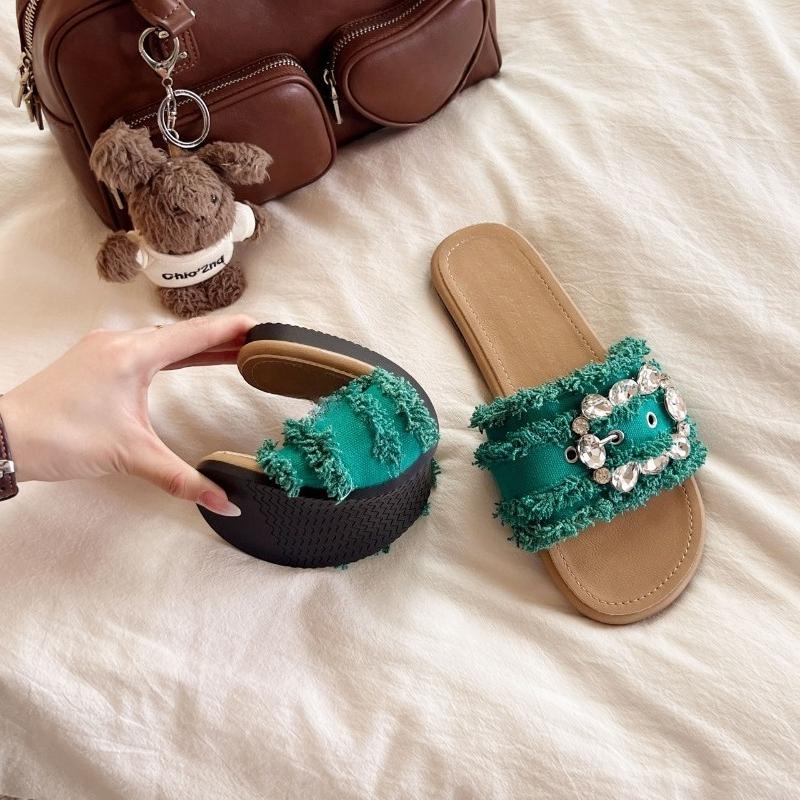 Fashion Flat Fashion One-word Rhinestone Slippers Women's Summer New Outside Wear Round Toe Open Toe Belt Buckle Slippers