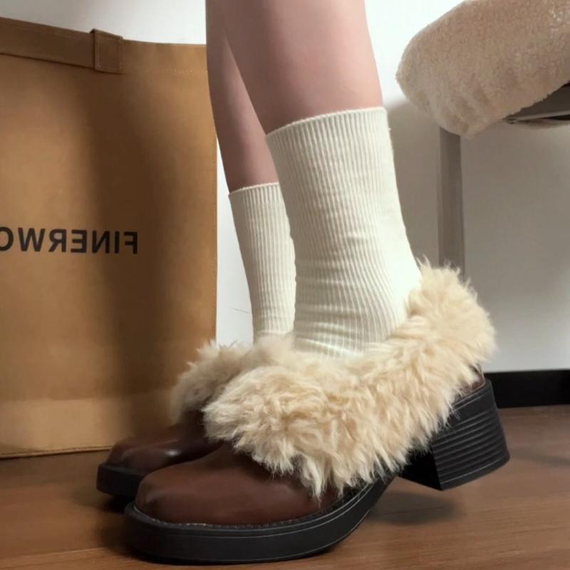 Fur Lining Women Mary Jane Shoes Elegant Square Toe Slip On Footwear 2026 Spring Autumn Keep Warm Ladies Thick Heel Single Shoes