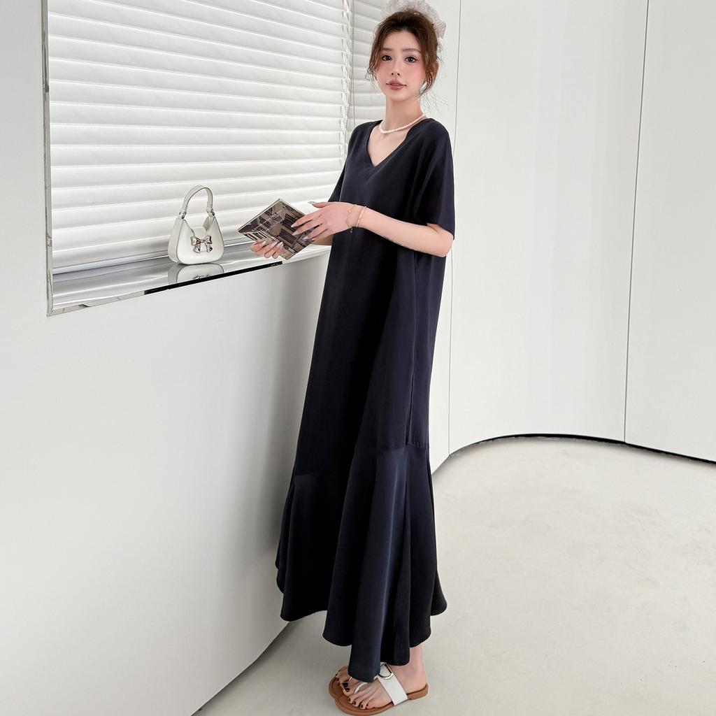 DIMANAF 2026 Summer New Plus Size Women V-Neck Short Sleeve Solid Maxi Long Dress Shirt Dress Lady Fashion