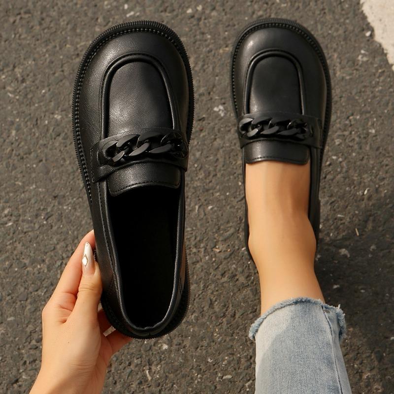 

Large size single shoes women s autumn new thick heel temperament metal chain round head shallow mouth one pedal 42 чёрный