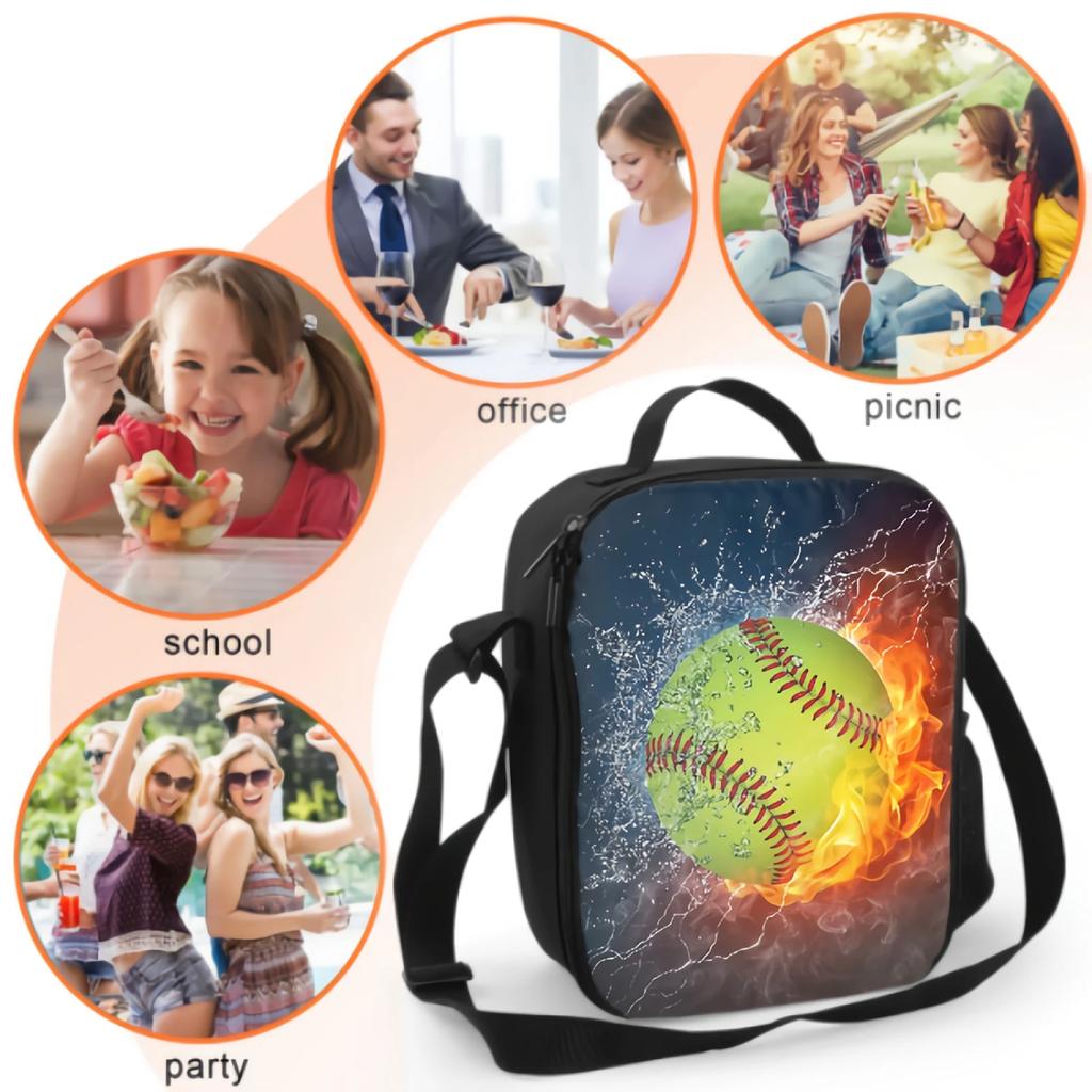 Yellow Baseball Ball In Fire And Water Insulated Thermal Lunch Bag for Kids Washable Tote Lunch Container for School Travel Work
