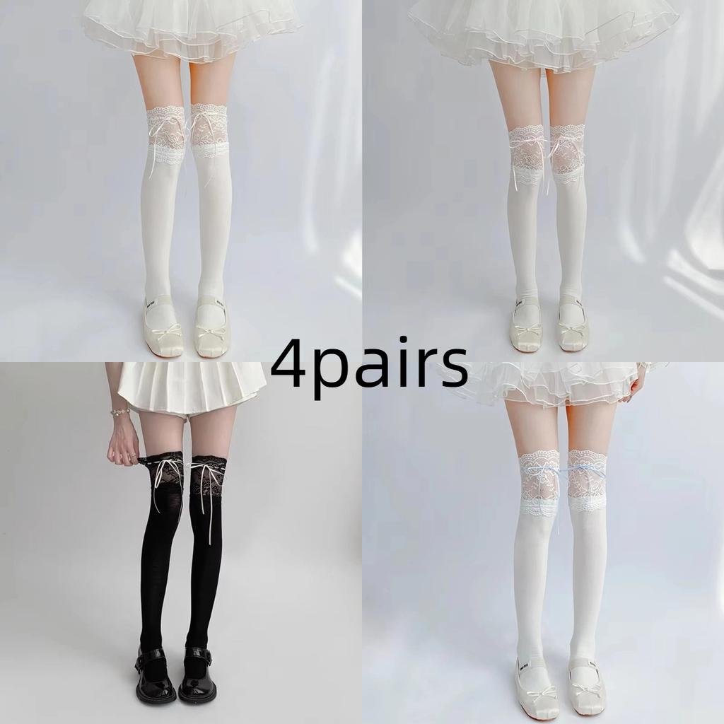 1pairs White Lace Lace Tied Ribbon Velvet Over Knee Socks Lolita Cute Sweet Calf Socks Women's Mid-Leg Kawai Thigh High Socks