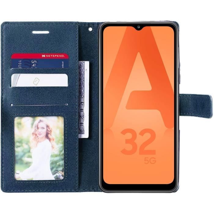 Coque pour Samsung Galaxy A32 5G Effet Cuir Bleu Marine avec Motifs
