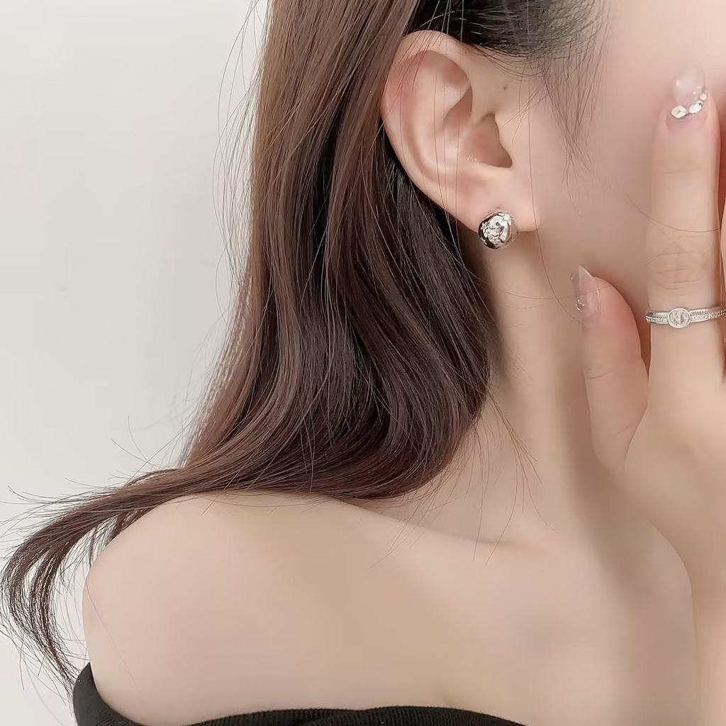 S925 Silver Needle Smooth Round Ball Star Stud Earrings - Stylish Niche Design for Women