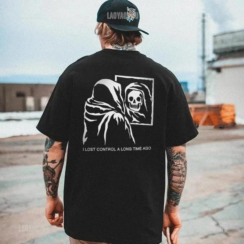 Gothic Harajuku Biker Skull Graphic Tshirts Men Fashion Trend Short Sleev Tops Dark Punk Skulls Retro T Shirt Male Oversized Tee