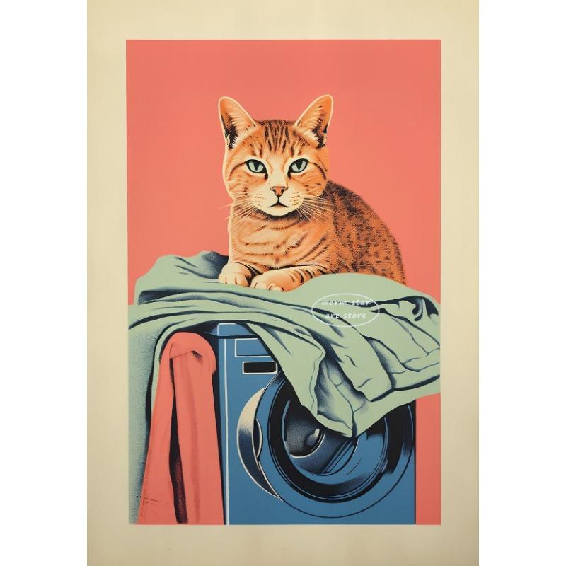 Laundry Day Woman Washing Machine Cat Wall Art Canvas Painting Nordic Poster Print Toilet Pictures for Living Room Decoration