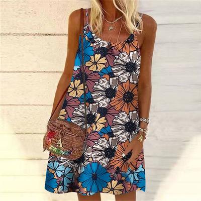 Robe mini imprimée à fleurs séchées pour femmes, robe de soirée sans manches, robe de plage d'été, robe d'été