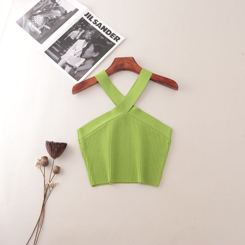 American Fashion Brand Cross Hanging Neck Cami Summer Rib Solid Sexy Short Knitted Top Women