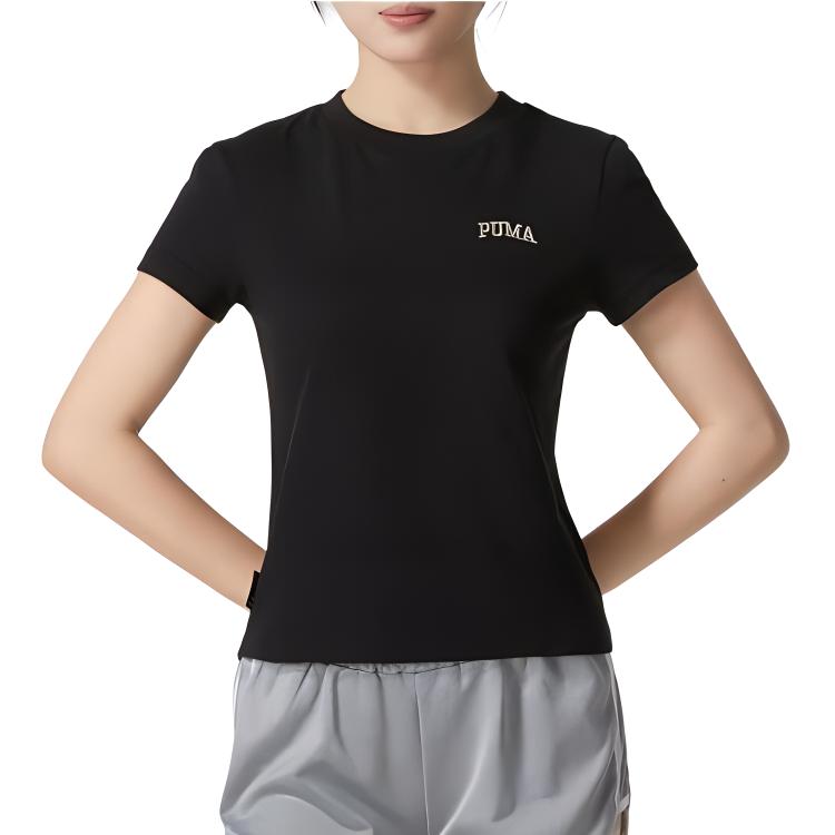 PUMA Embroidered Letter Outdoor Sports Fitness Running Comfortable Breathable Casual Round Neck Short Sleeve T-Shirt SS24 Women Tops Black 630356-01