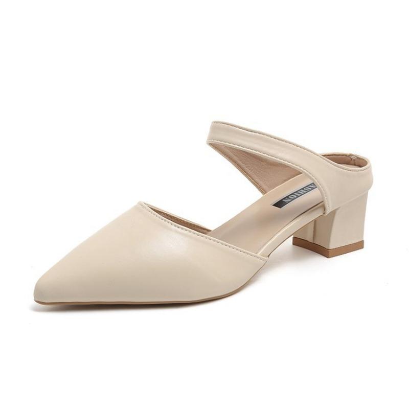 Wearing Cool Slippers Outside, Women's Summer New Baotou Half Slippers, Medium Heel Pointed Thick Heel Sandals