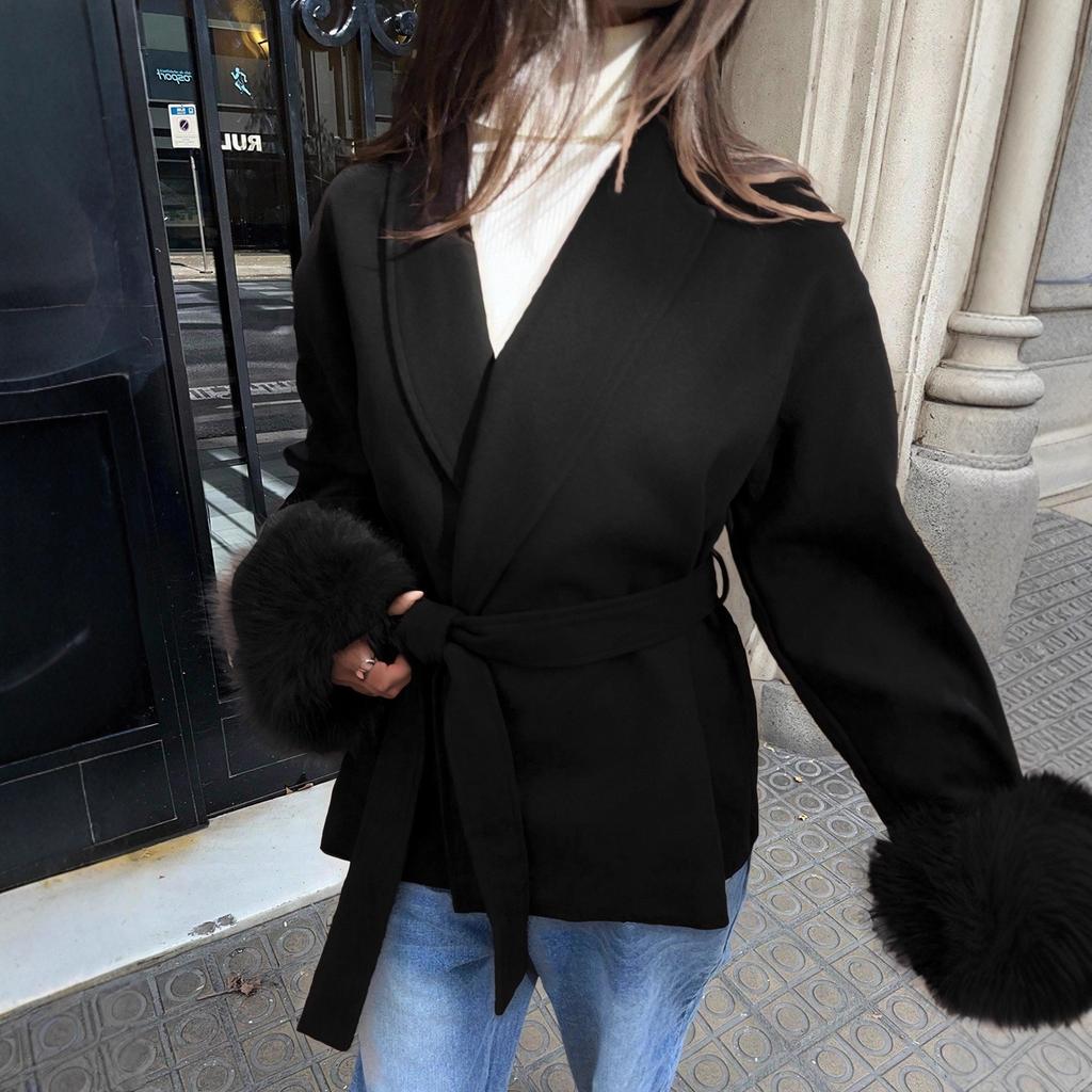Women's Elegant Woolen Patchwork Cuffs Woolen Jacket Belt Lapel Woolen Long Sleeve Top