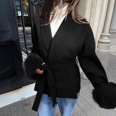 Women's Elegant Woolen Patchwork Cuffs Woolen Jacket Belt Lapel Woolen Long Sleeve Top