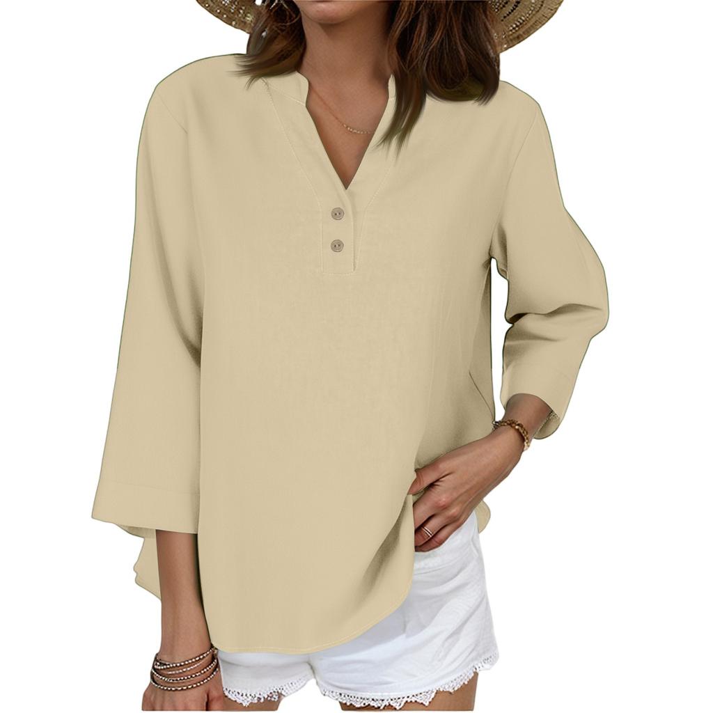 3/4 Sleeve Linen Tops For Women Loose Fit V Neck Button Down Shirts Cute Solid Summer Beach Tee Shirts