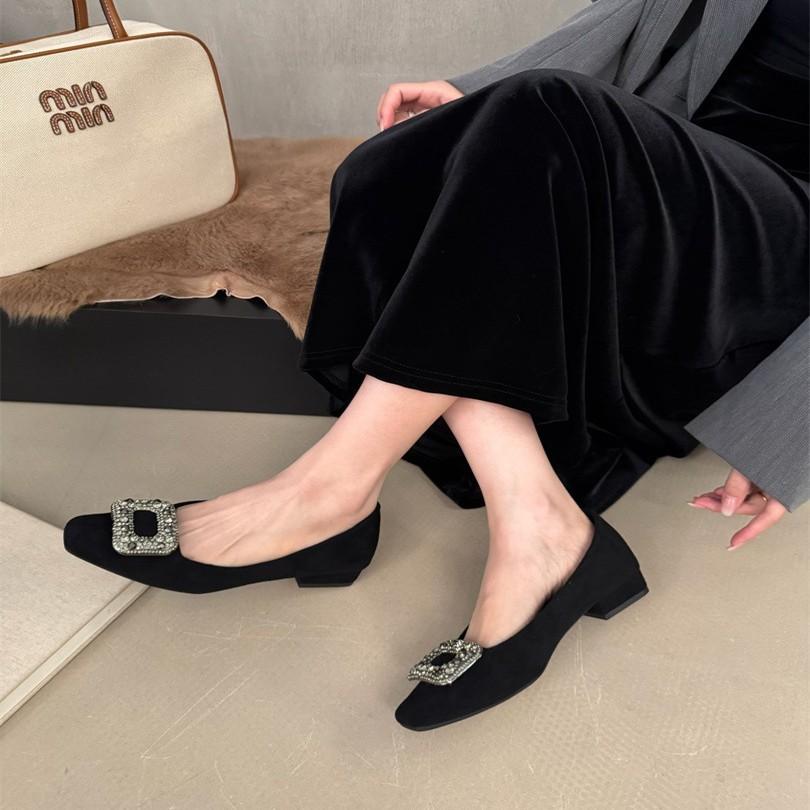 2025 New Spring Matte Leather Shallow Mouth Single Shoes Women's Thick Heel One Pedal Flat Leather Shoes Doudou Shoes