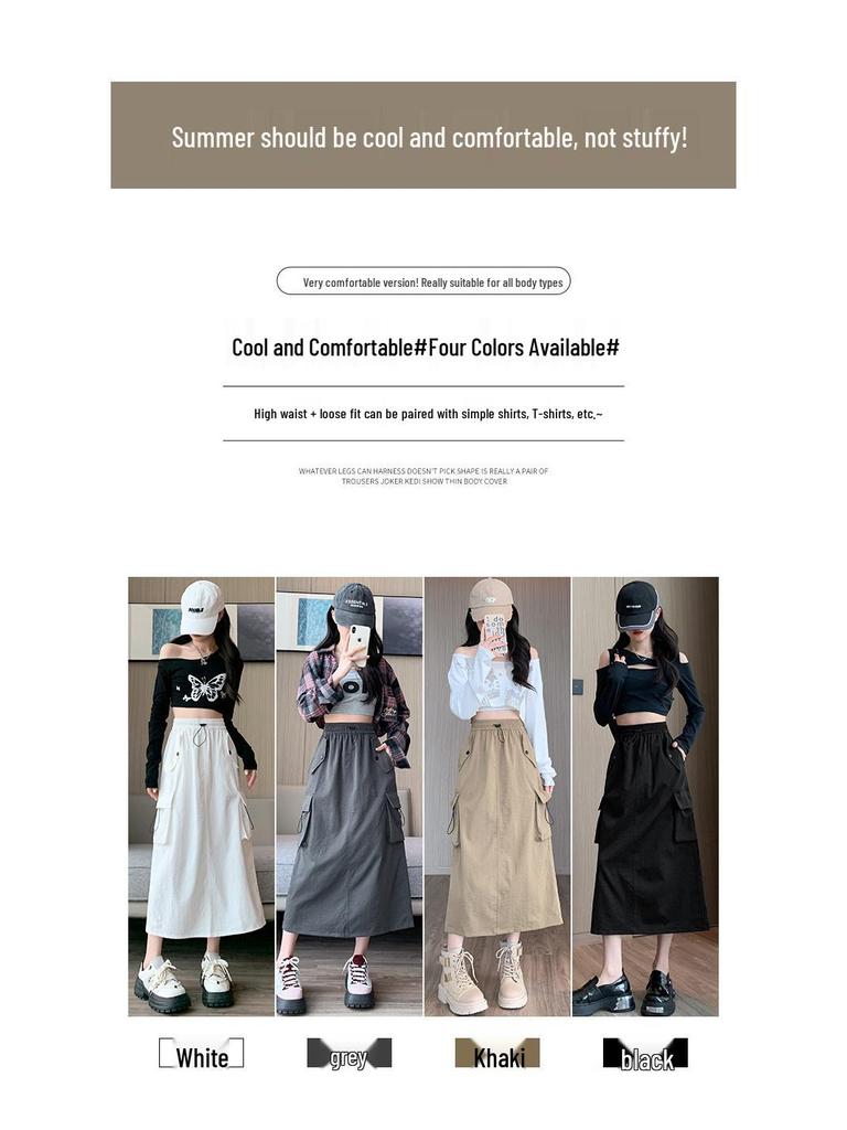 Women's High Waist A-Line Midi Skirt - Retro Workwear with Slit & Drawstring for Petite Figures, Spring & Autumn.