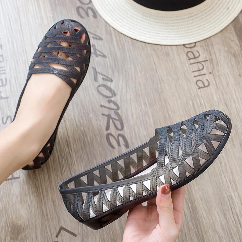 Damskie Fioletowe Ażurowe Oddychające Plastikowe Buty Okrągły Czubek Niska Cena Koturny Wsuwane Zwięzłe Codzienne Casualowe Mokasyny 2025