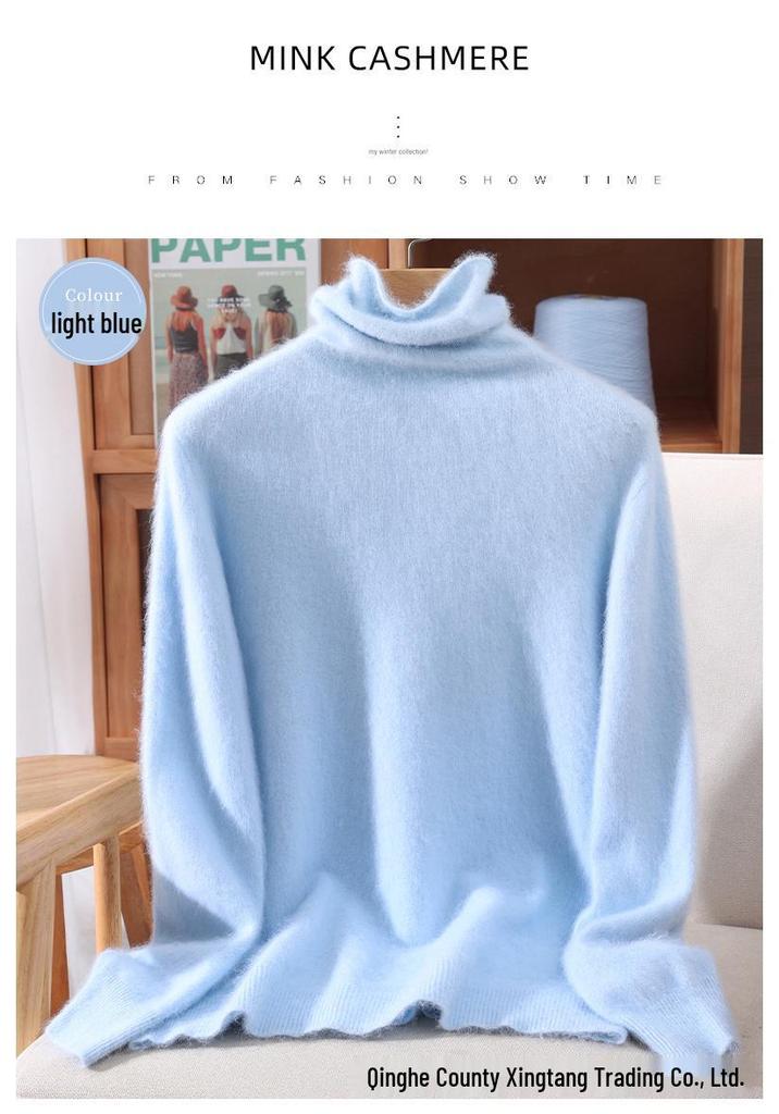 Mink Velvet Women's High Neck Rabbit Fur Knit Sweater, Slim Fit Cashmere Base Layer