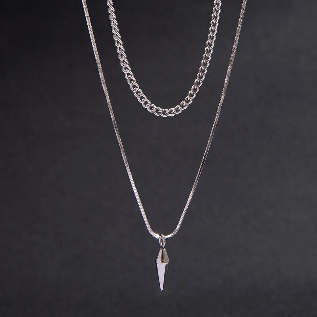 2Pcs/Set Trend Rivet Pendant Necklace for Men Hip Hop Layered Silver Color Link Chain Chokers Street Versatile Male Jewelry Gift