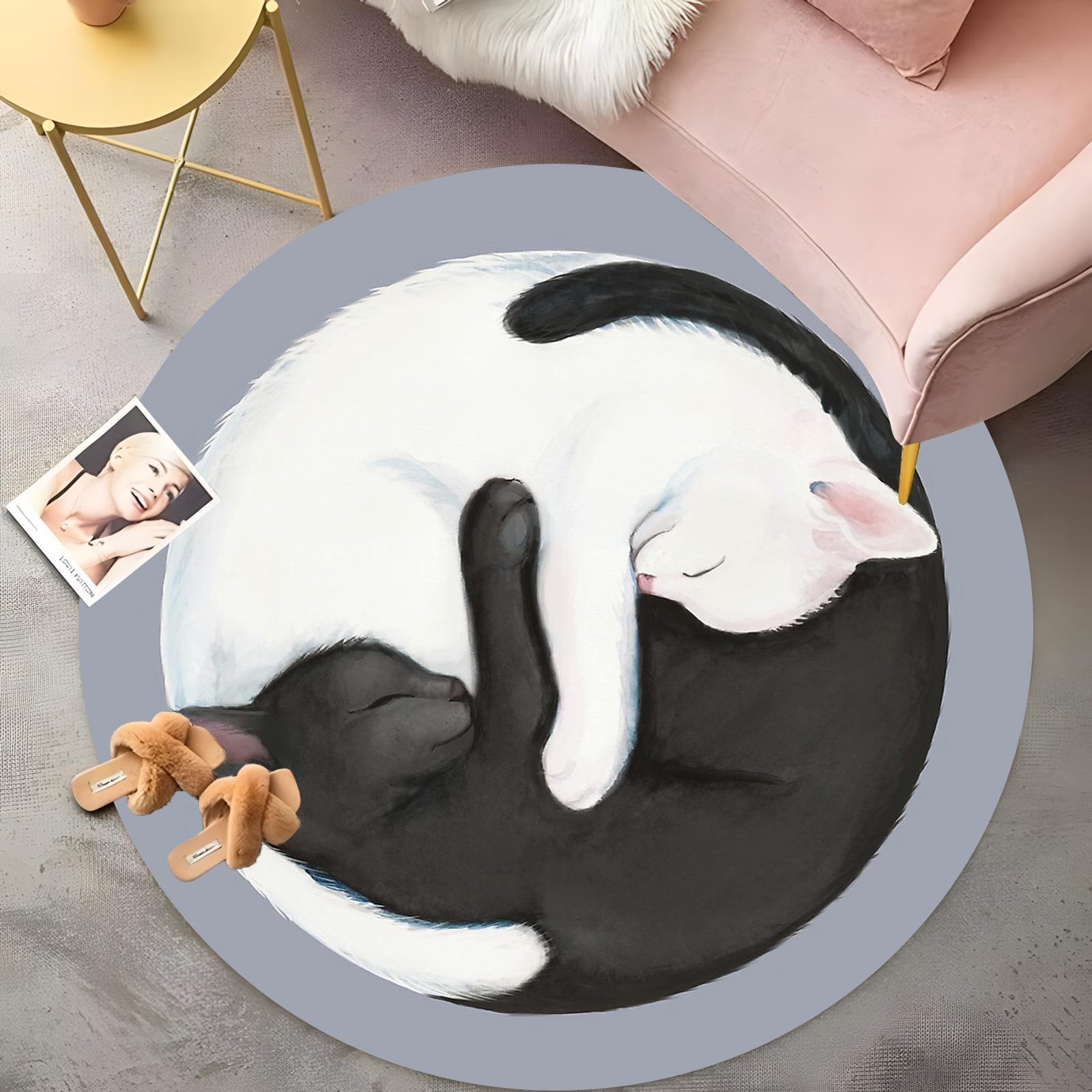 

Black & White Cat Duo Round Rug - Cozy Feline Design, Living Room Carpet, Non-Slip Pet Lover Floor Mat with Orange Accents 60cm