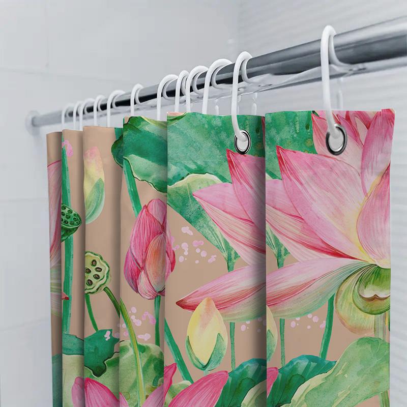 Pink Lotus Shower Curtain Set: Watercolor Design With Green Leaves Perfect For Bathroom Decor