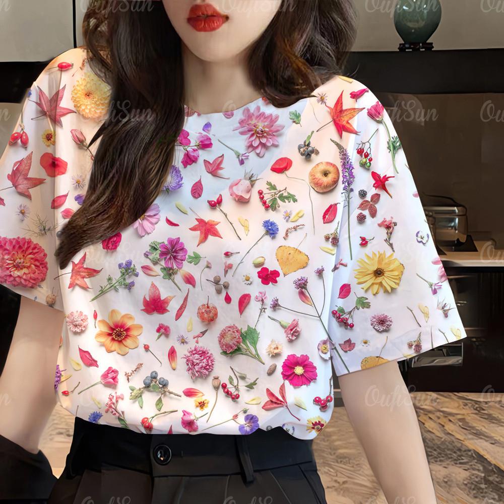 

Pink beige flower 3D printed women s short sleeved T-shirt Korean clothing short sleeved shirt XS