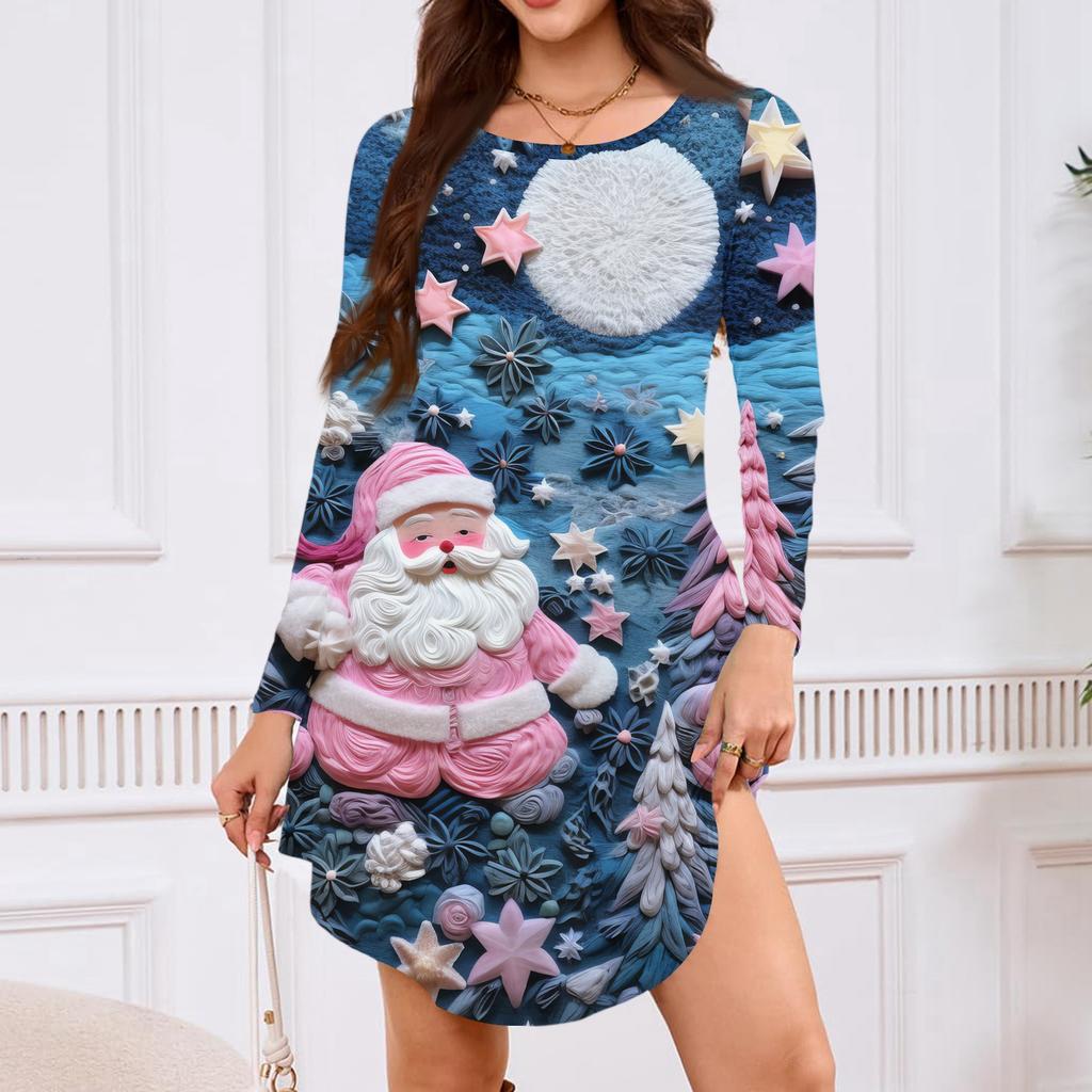 Women's Long-sleeved T-shirt Dress With Round Neck, Knee-length, Loose Fit, Casual And Pockets