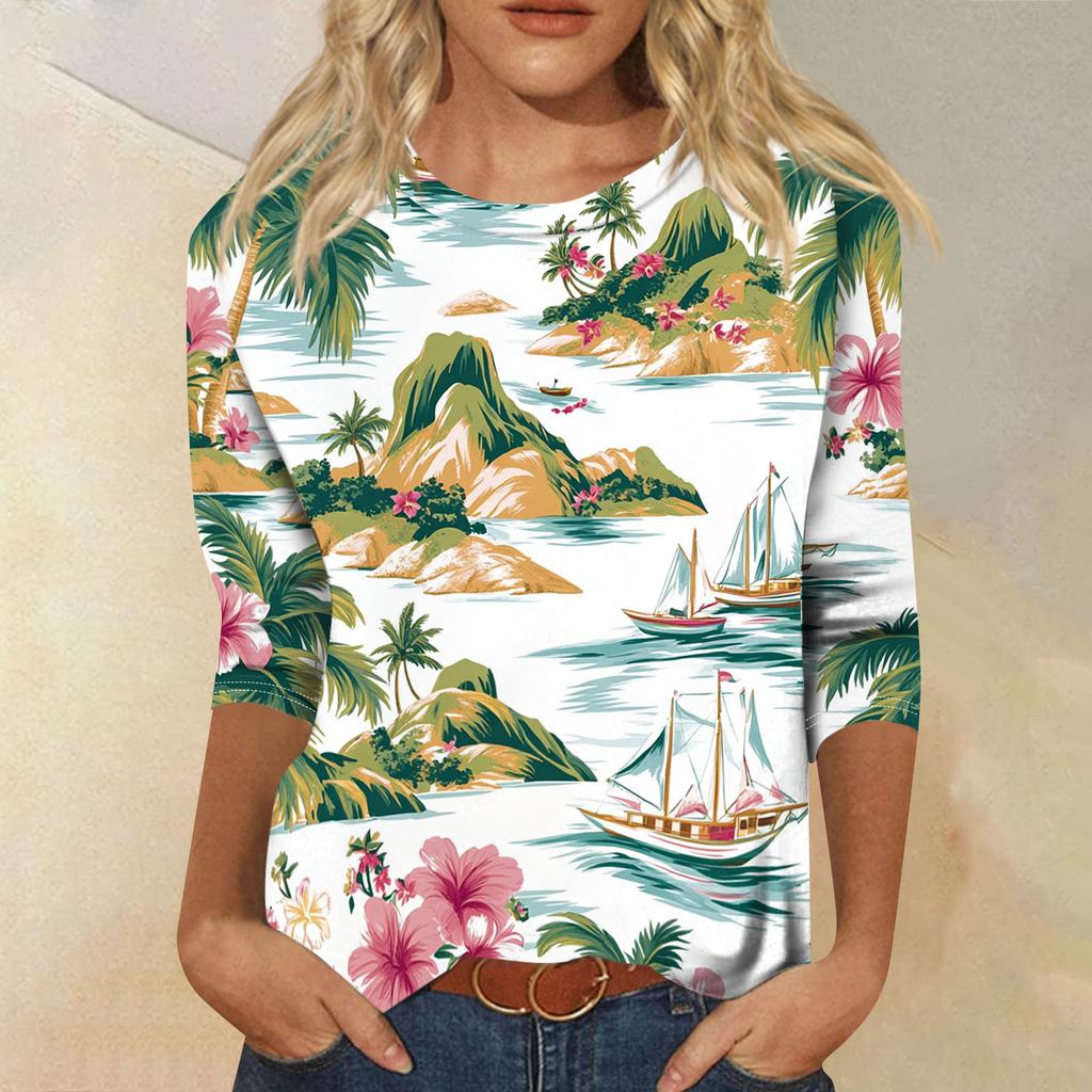 Módní vintage top s 3/4 rukávem pro ženy, dámská ležérní halenka s tříčtvrtečním rukávem a kulatým výstřihem s potiskem