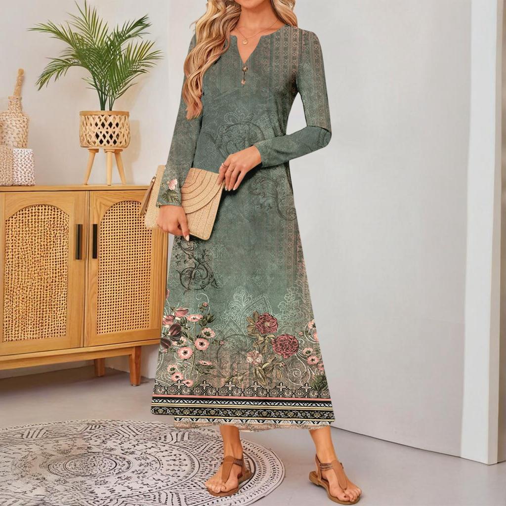 women retro printed long-sleeved comfortable loose dress, elegant dress