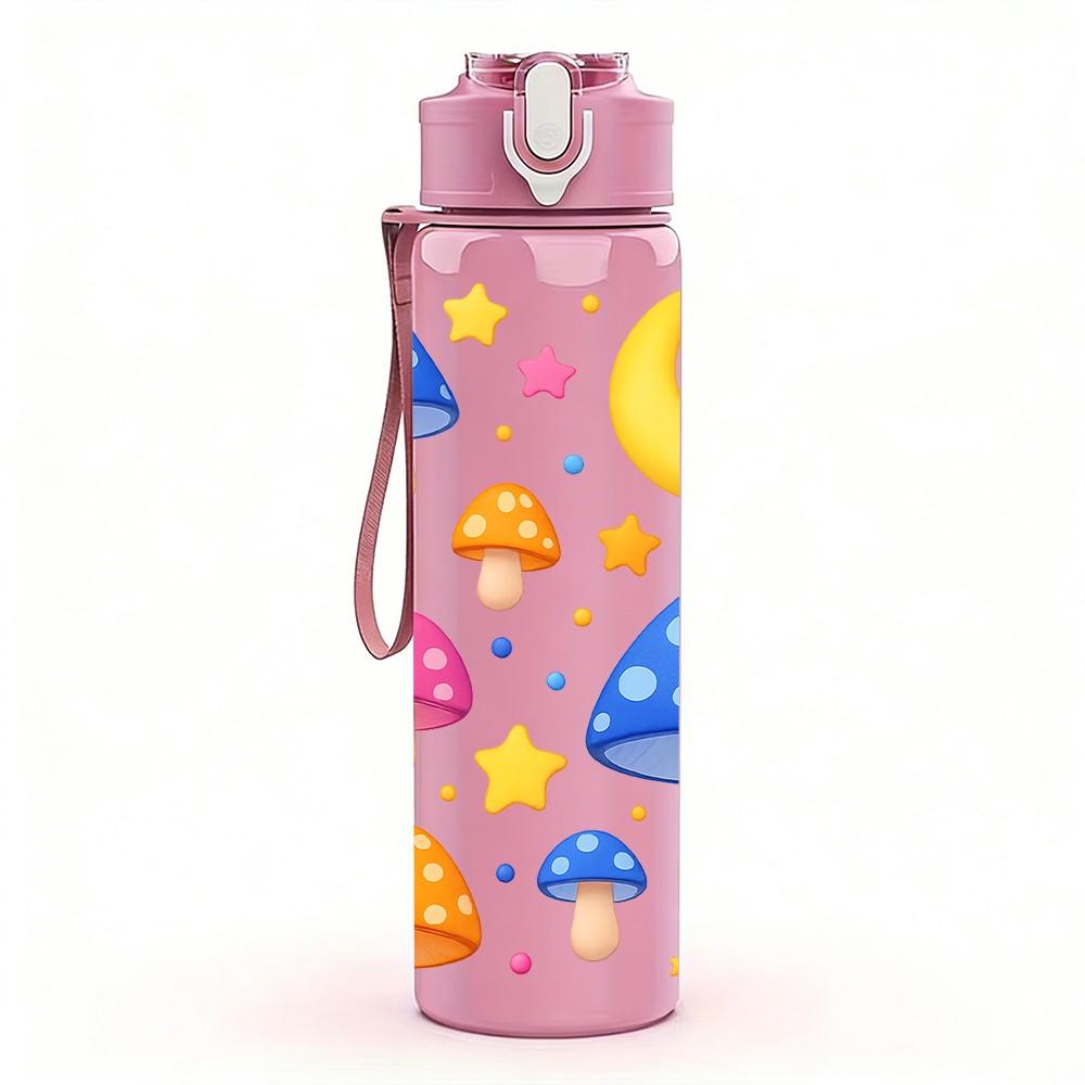 1PC Mushroom Moon Star Night Cartoon Print 750ml Color Plastic Sports Water Bottle Leakproof Flip Straw Lid Suitable for Sports Office Home Use