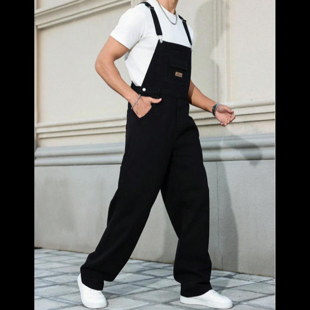 Men's Trendy Wide-Leg Black Denim Overalls - Loose Straight-Leg Jumpsuit Workwear