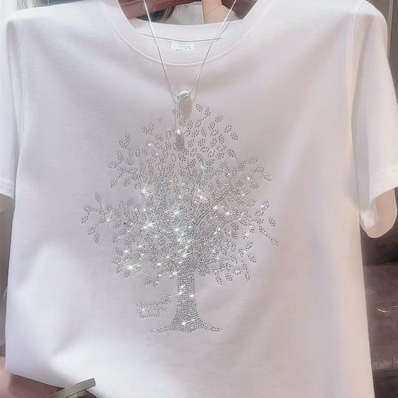 T-shirt Casual da Donna Estive per il Pendolarismo, Girocollo, Stampa Diamanti, Colore Unito, Manica Corta Larga, Top