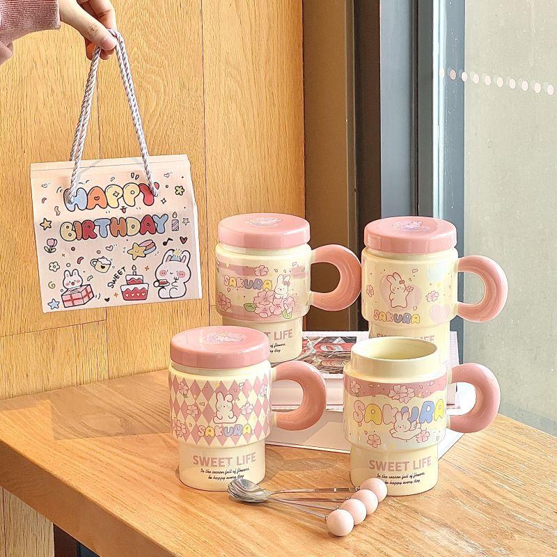 Cute Girl Cherry Blossom Rabbit Cup High-looking Ceramic Mug with Lid Spoon Office Breakfast Coffee Cup