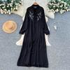 French retro three-dimensional flower embroidery red A-word dress women's autumn long-sleeved thin temperament long dress