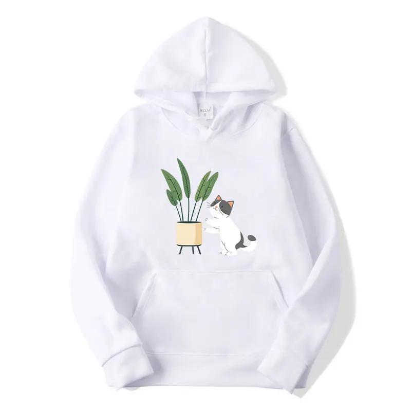 Teens Cute Cat and Plant Print Hoodies Casual Couple Hip Hop Streetwear Spring Long Sleeve Hoody Sweatshirts
