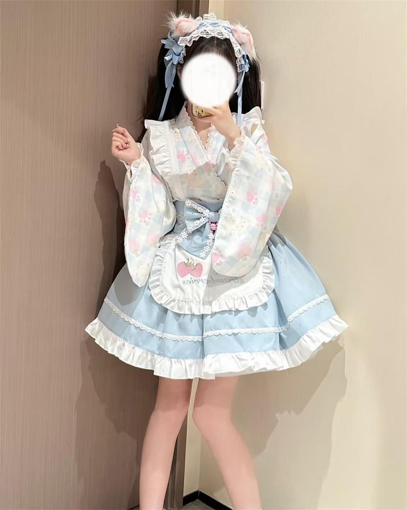CAWILXHA Lolita Cosplay Japanese Light Blue and Princess Long Mori Dreamy Cute Halloween Costume Blue Dress, Costume, Style, Pink, Sleeves, Sleeves,