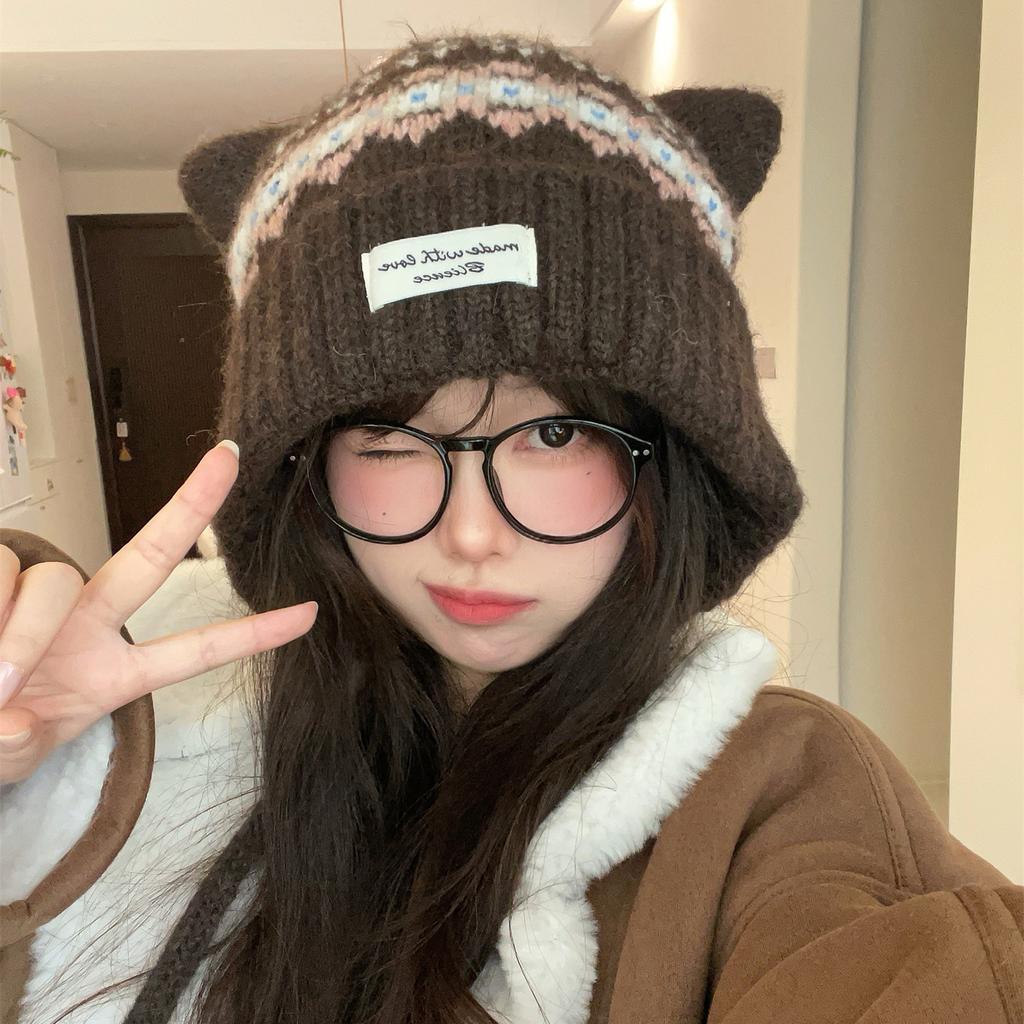 Cute Cat Ears Fleece Knitted Hat Women'S Autumn And Winter Thickened Warm Ear Protection Lei Feng Hat Shows Small Wool Hat
