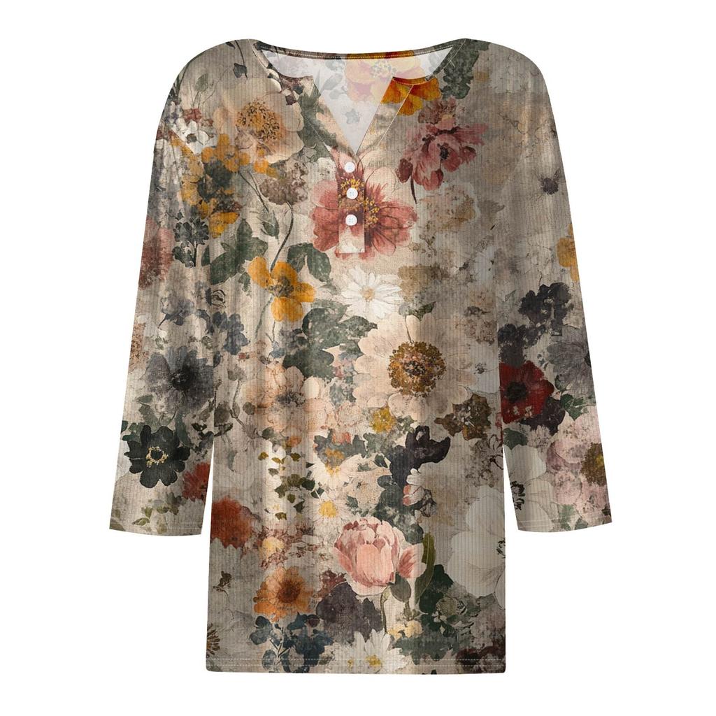 Women's T Shirt Tee Print Button 3/4 Sleeve Tunic Daily Weekend Fashion Basic V- Neck Regular Top