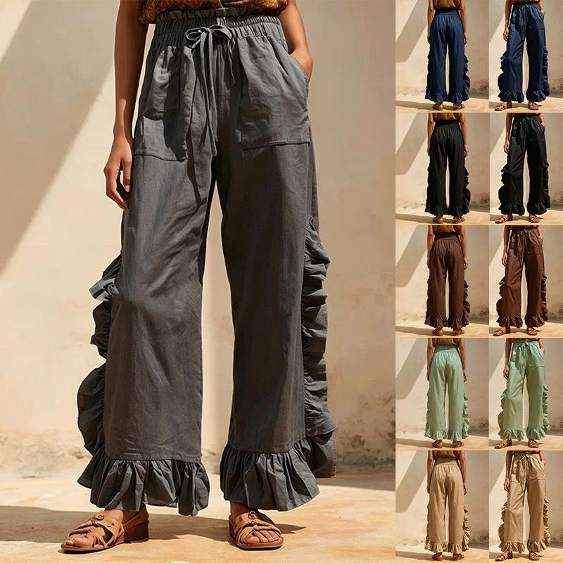 Women Fashion Ruffled Patchwork Versatile Casual Loose Wide Leg Pants