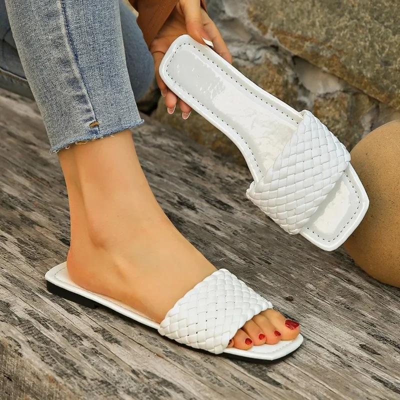 Fashion Ladies Shoes On Offer 2025 Open Toe Women's Slippers Outdoor Beach Slippers Women Plus Size Square Toe Weave Flat with Sandals