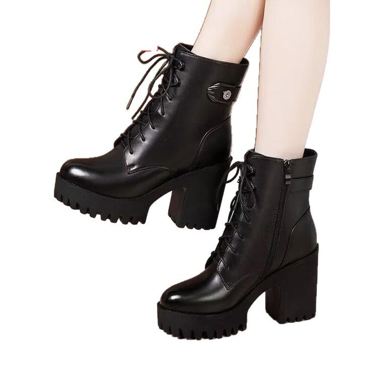 Autumn and winter new women's leather boots high heel thick heel short boots women's fashion thick heel waterproof table small women's Martin boots
