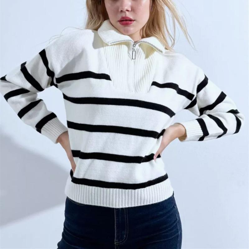 

Loose and fashionable semi-zipper striped knitted sweater lazy in autumn and winter lapel contrasting color casual sweater versatile outside S белый