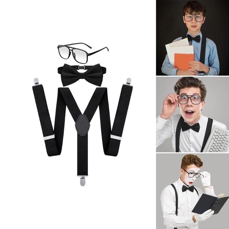 Halloween Bookish Costume Accessories Adjustable Men Brace with Bowtie Eyeglasses for Men Women Halloween Masquerade
