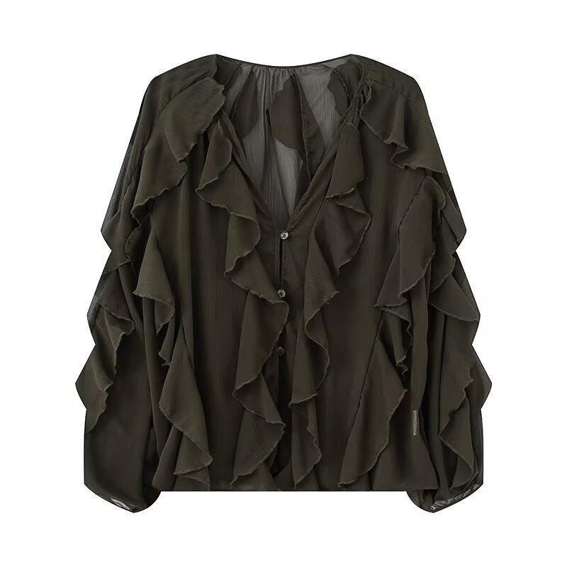 

DAFIFY Женская мода Повседневные Весенне-осенние Однотонные Блузки и Рубашки с Принтом, Длинным Рукавом и V-образным Вырезом L армия зеленый