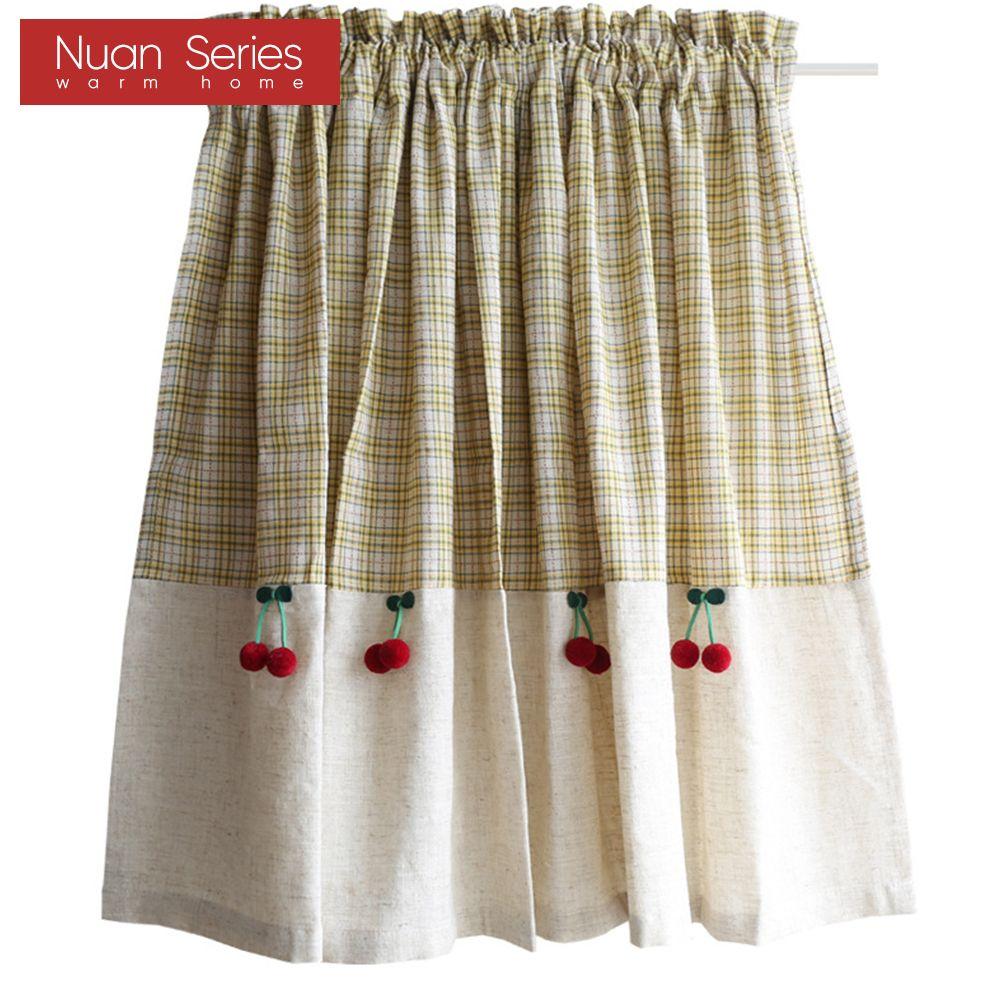 1PC Nuan Series Beige Checkered Cherry Decoration Short Curtain Rod Pocket Partition Curtain for Kitchen Living Room Bedroom Cupboard Home Decor