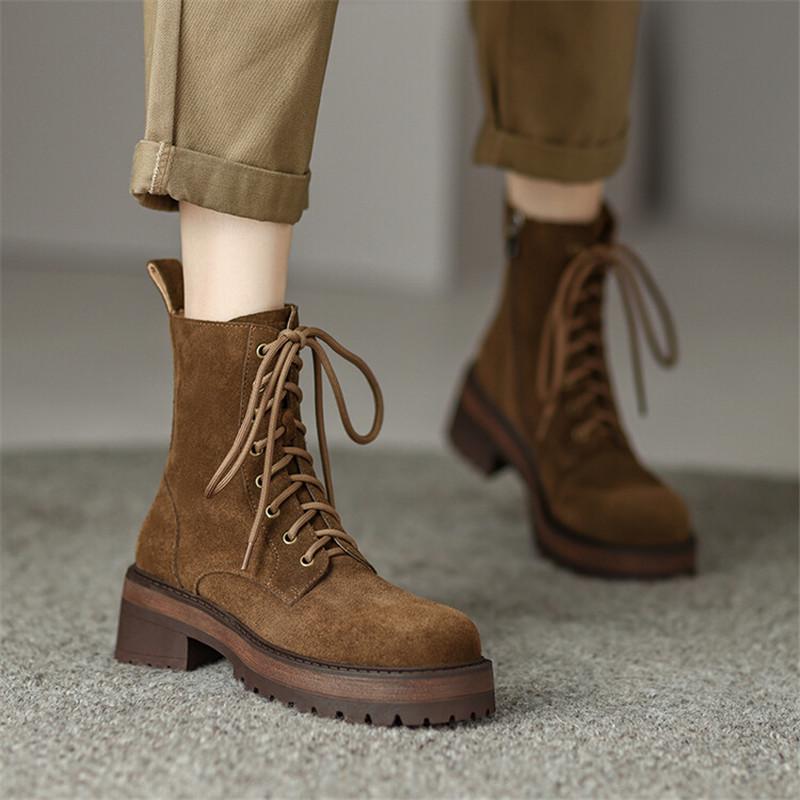 Fashion New Autumn Winter Cow Suede Women Boots Fashion Lace Platform Boots for Women Chunky Heel Short Boots Botines Mujer High Heels