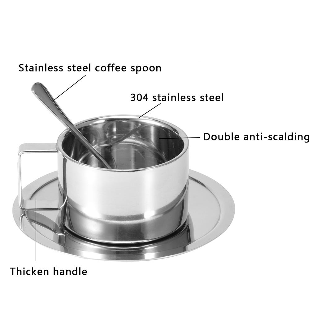 3 Teile/satz 304 Edelstahl Kaffeetasse Doppelwandige Kaffeetasse Löffel Untertasse Set Küchenbedarf
