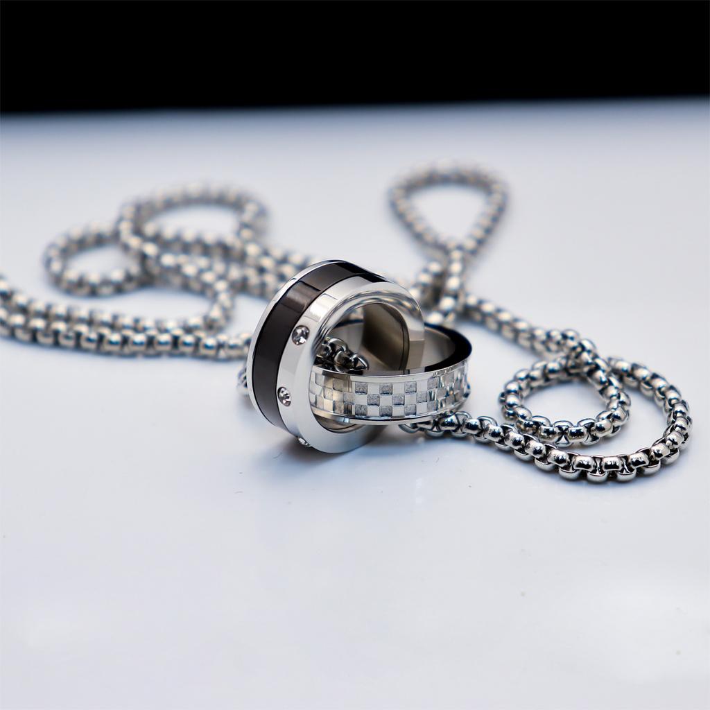 Fashion Trendy Men'S And Women'S Double-Ring Diamond-Encrusted Pendant Necklace High-End Trendy Cool Titanium Steel Pearl Chain Jewelry
