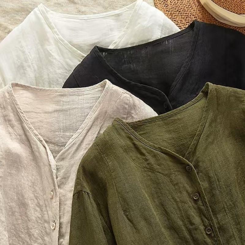 Johnature Women Casual Shirts V-Neck Half Sleeve Blouses Summer Solid Color Button Chinese Style Loose Shirts